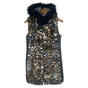 Adrienne Landau Leopard Faux Fur Long Hooded Vest w/ Quilted Leather Sides Med